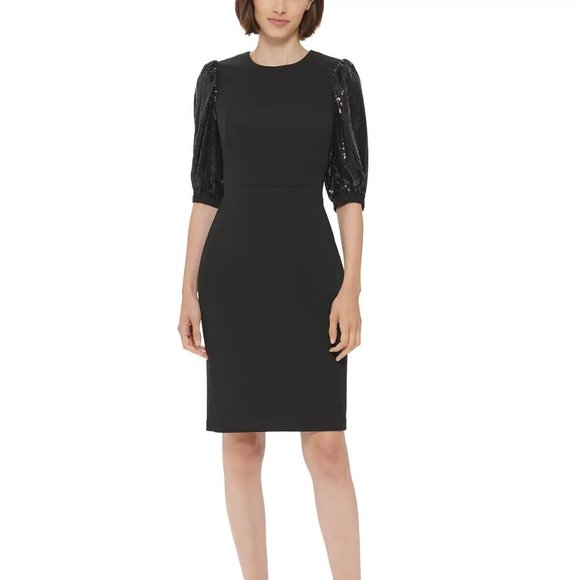 CALVIN KLEIN Sequined Puff-Sleeve Sheath Dress Black Size 2 - Picture 1 of 5